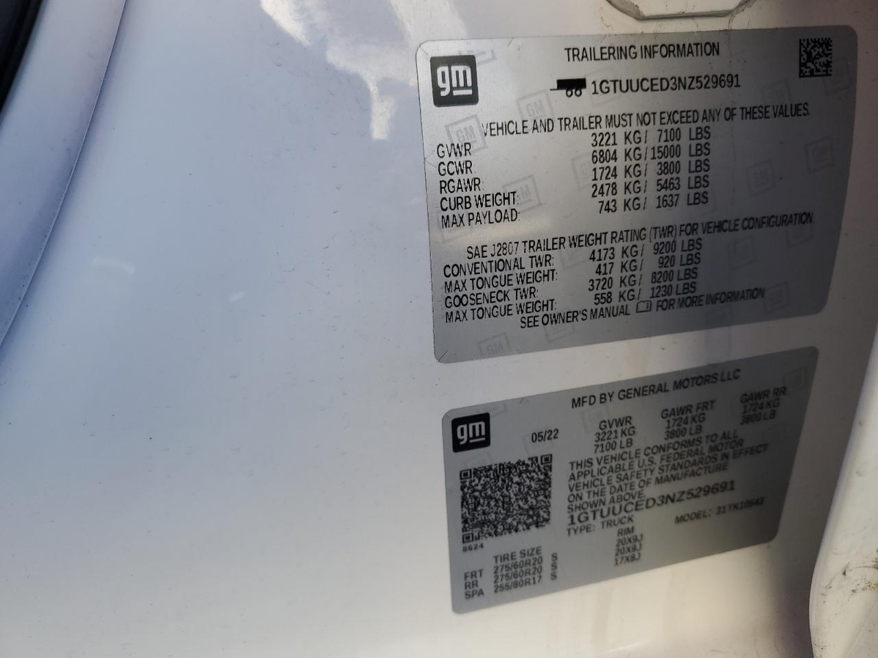 2022 GMC SIERRA K1500 ELEVATION VIN:1GTUUCED3NZ529691