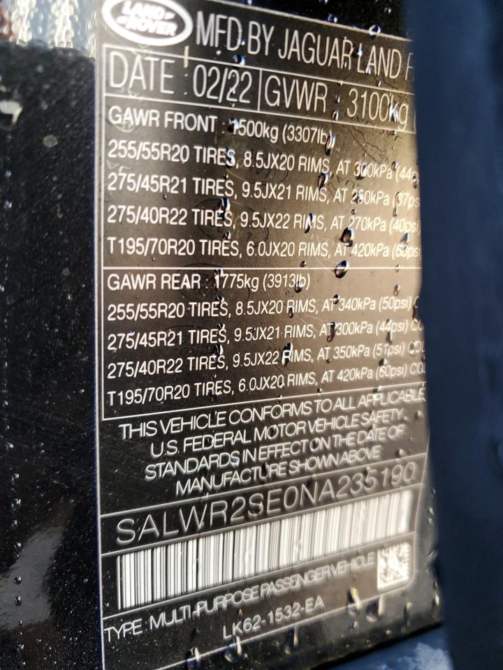 2022 LAND ROVER RANGE ROVER SPORT HSE DYNAMIC VIN:SALWR2SE0NA235190