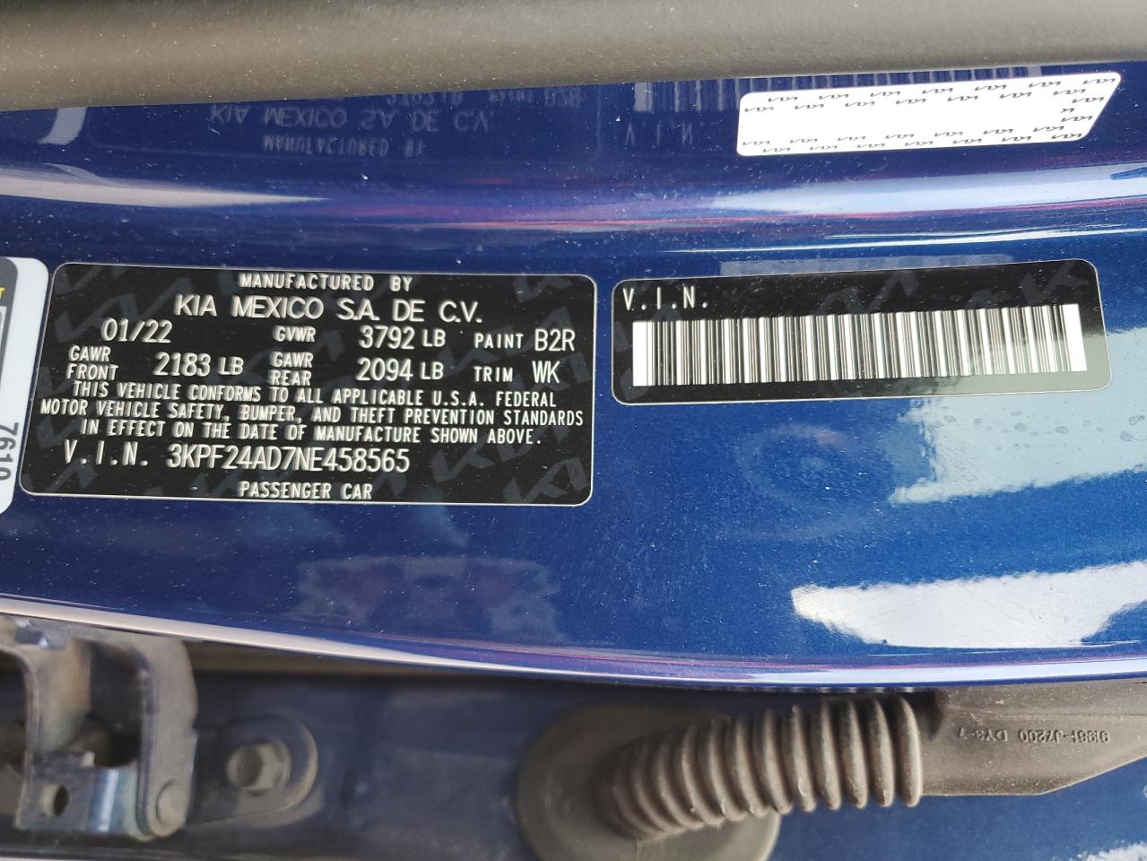 2022 KIA FORTE FE VIN:3KPF24AD7NE458565