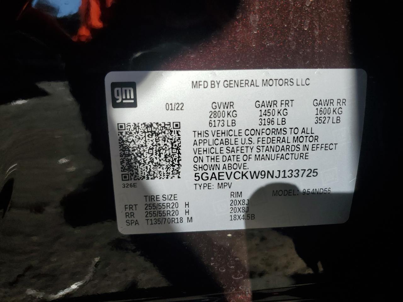 2022 BUICK ENCLAVE AVENIR VIN:5GAEVCKW9NJ133725