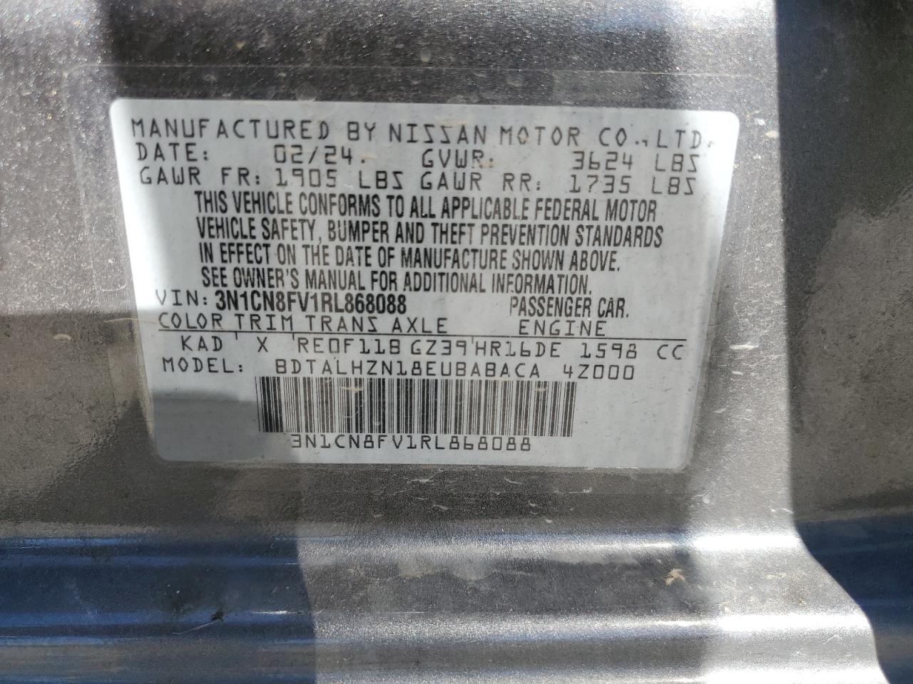 2024 NISSAN VERSA SR VIN:3N1CN8FV1RL868088