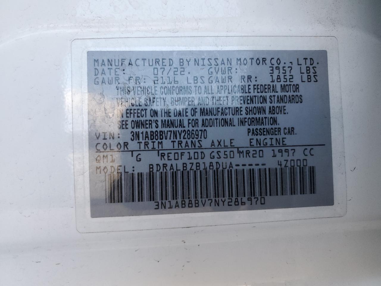 2022 NISSAN SENTRA S VIN:3N1AB8BV7NY286970