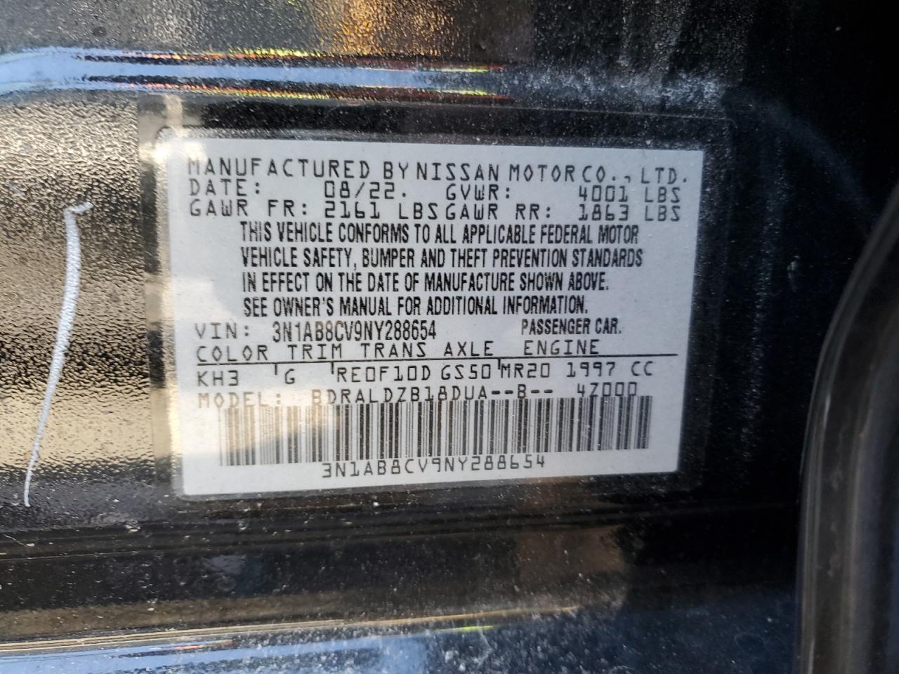2022 NISSAN SENTRA SV VIN:3N1AB8CV9NY288654