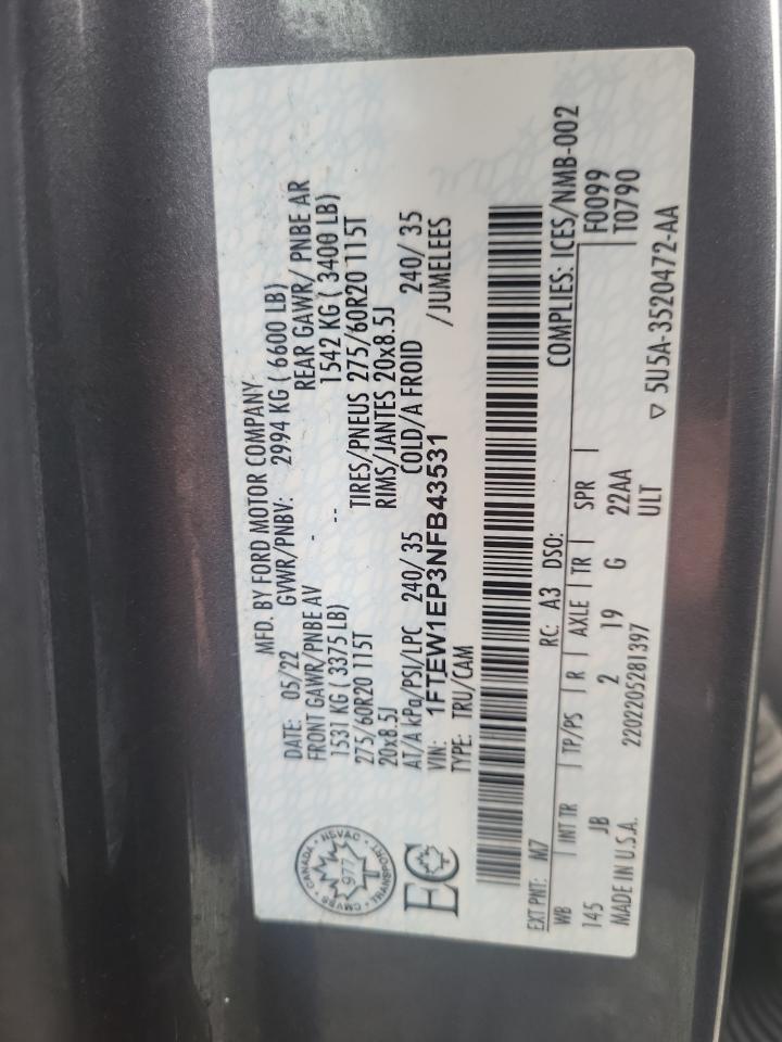 2022 FORD F150 SUPERCREW VIN:1FTEW1EP3NFB43531