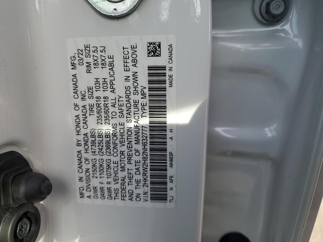 2022 HONDA CR-V EXL VIN:2HKRW2H82NH632777