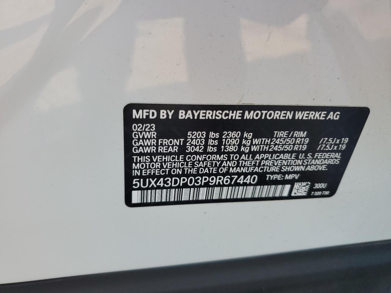 2023 BMW X3 SDRIVE30I VIN:5UX43DP03P9R67440