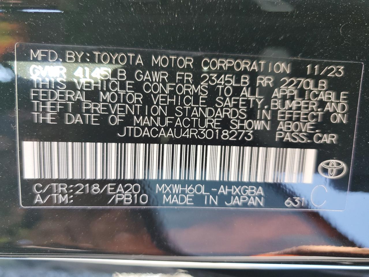 2024 TOYOTA PRIUS LE VIN:JTDACAAU4R3018273