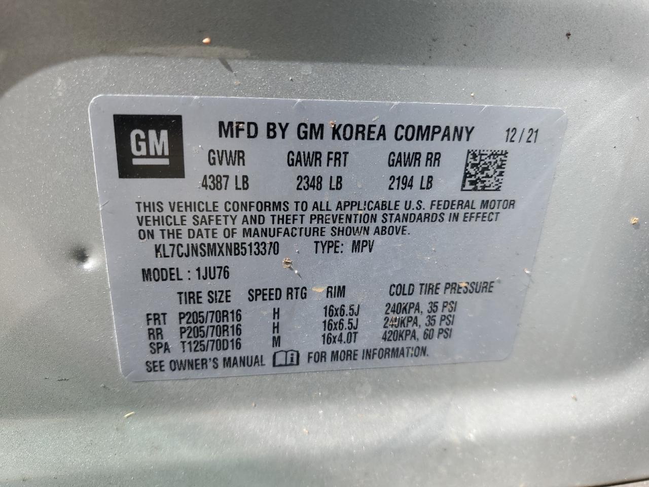 2022 CHEVROLET TRAX LS VIN:KL7CJNSMXNB513370