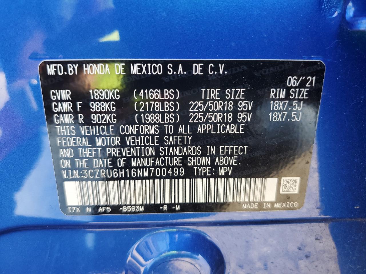 2022 HONDA HR-V SPORT VIN:3CZRU6H16NM700499
