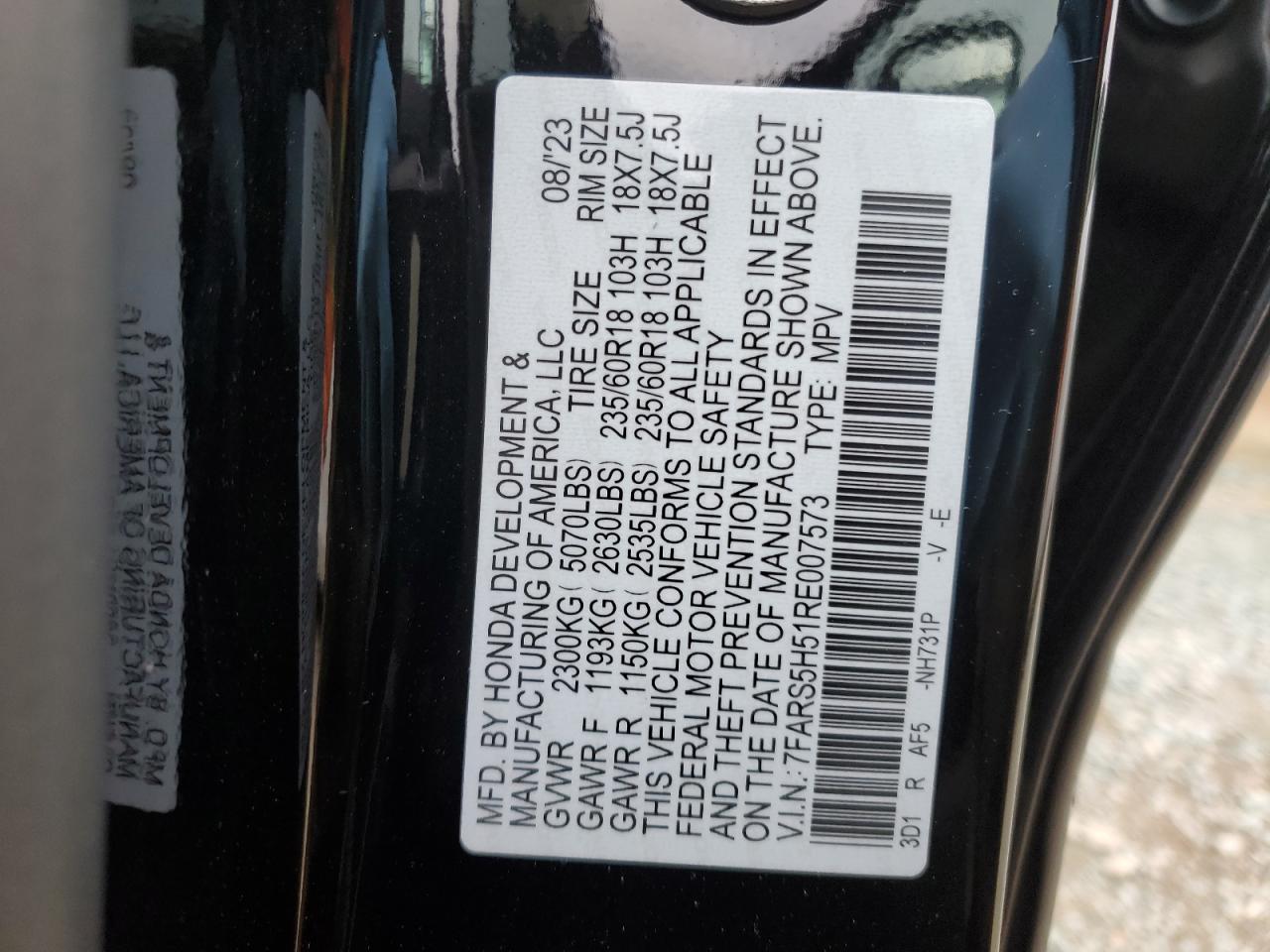 2024 HONDA CR-V SPORT VIN:7FARS5H51RE007573