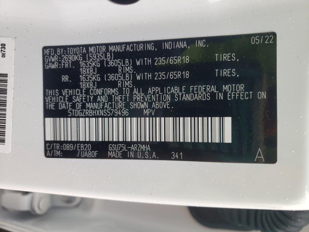 2022 TOYOTA HIGHLANDER XLE VIN:5TDGZRBHXNS579496