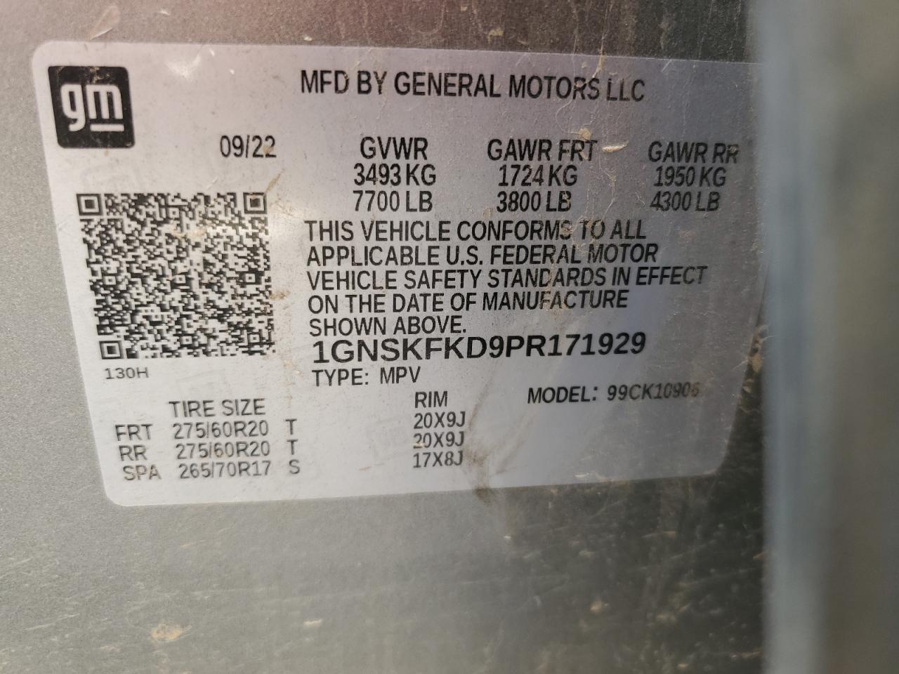 2023 CHEVROLET SUBURBAN K1500 PREMIER VIN:1GNSKFKD9PR171929