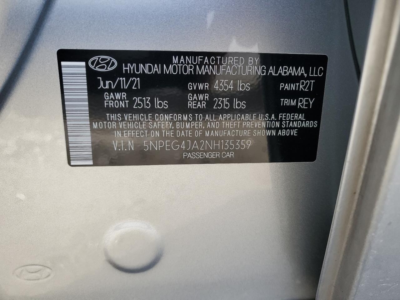 2022 HYUNDAI SONATA SE VIN:5NPEG4JA2NH135359