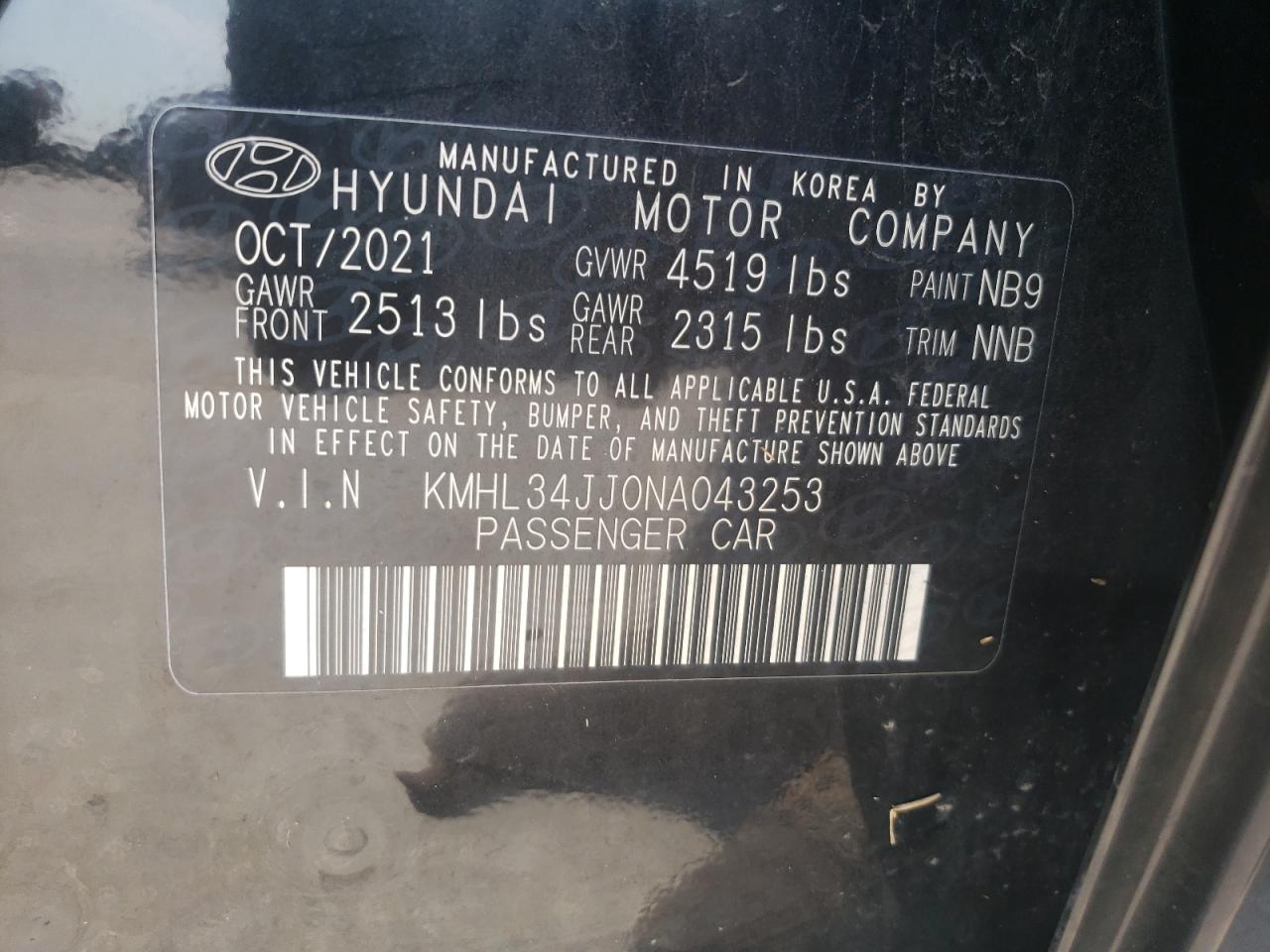 2022 HYUNDAI SONATA HYBRID VIN:KMHL34JJ0NA043253