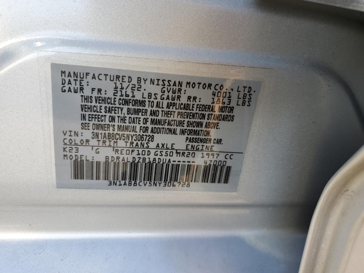 2022 NISSAN SENTRA SV VIN:3N1AB8CV5NY306728