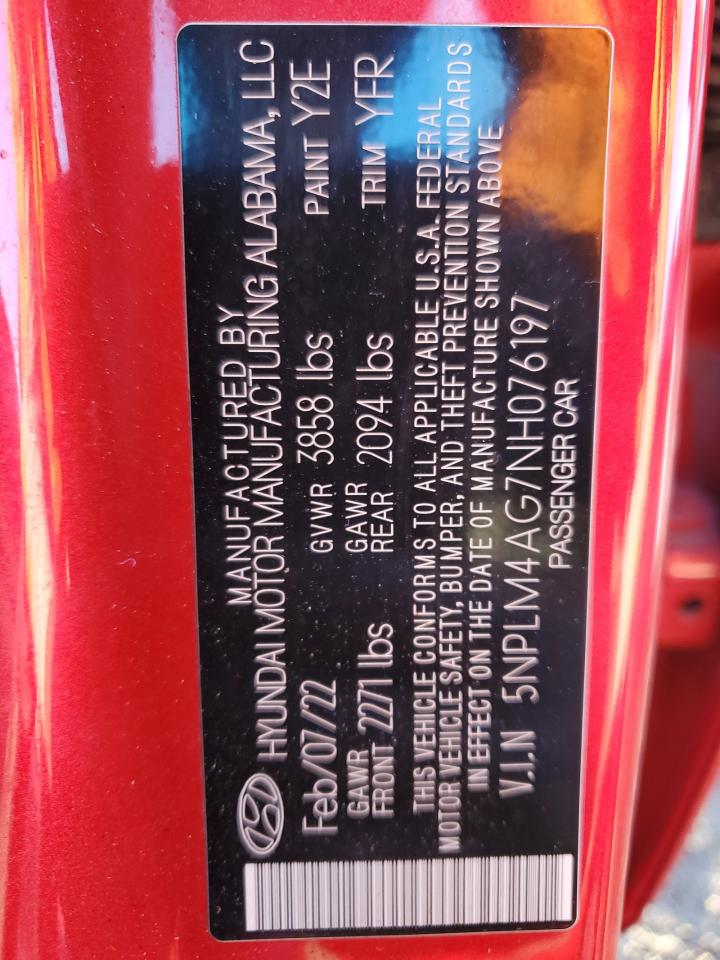 2022 HYUNDAI ELANTRA SEL VIN:5NPLM4AG7NH076197