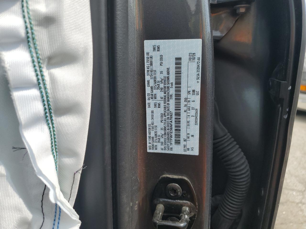 2022 FORD F150 SUPERCREW VIN:1FTFW1E56NFA76927