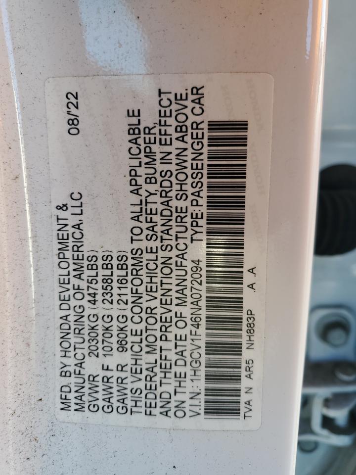 2022 HONDA ACCORD SPORT SE VIN:1HGCV1F46NA072094