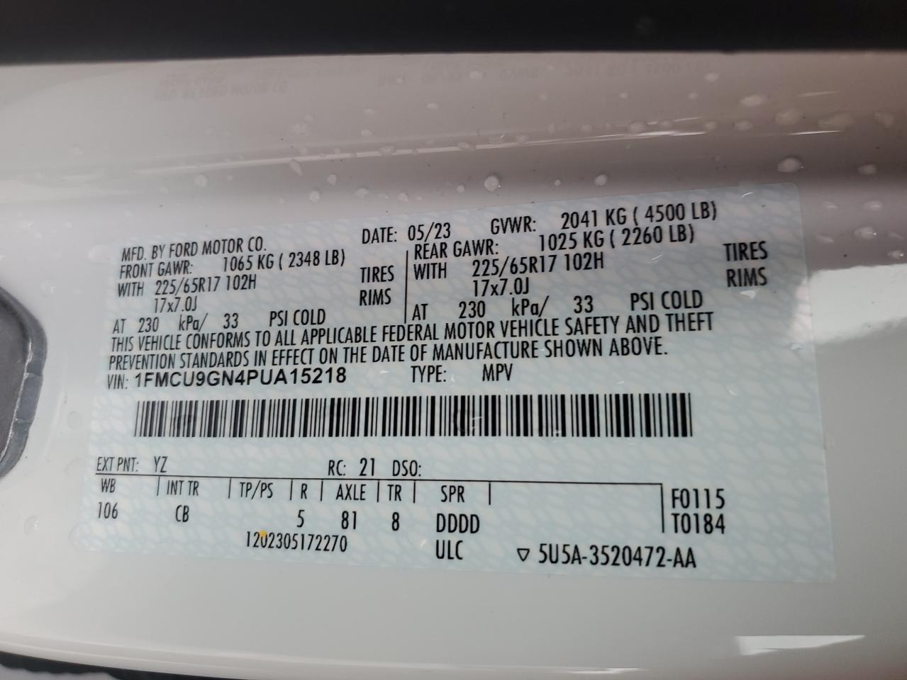 2023 FORD ESCAPE ACTIVE VIN:1FMCU9GN4PUA15218