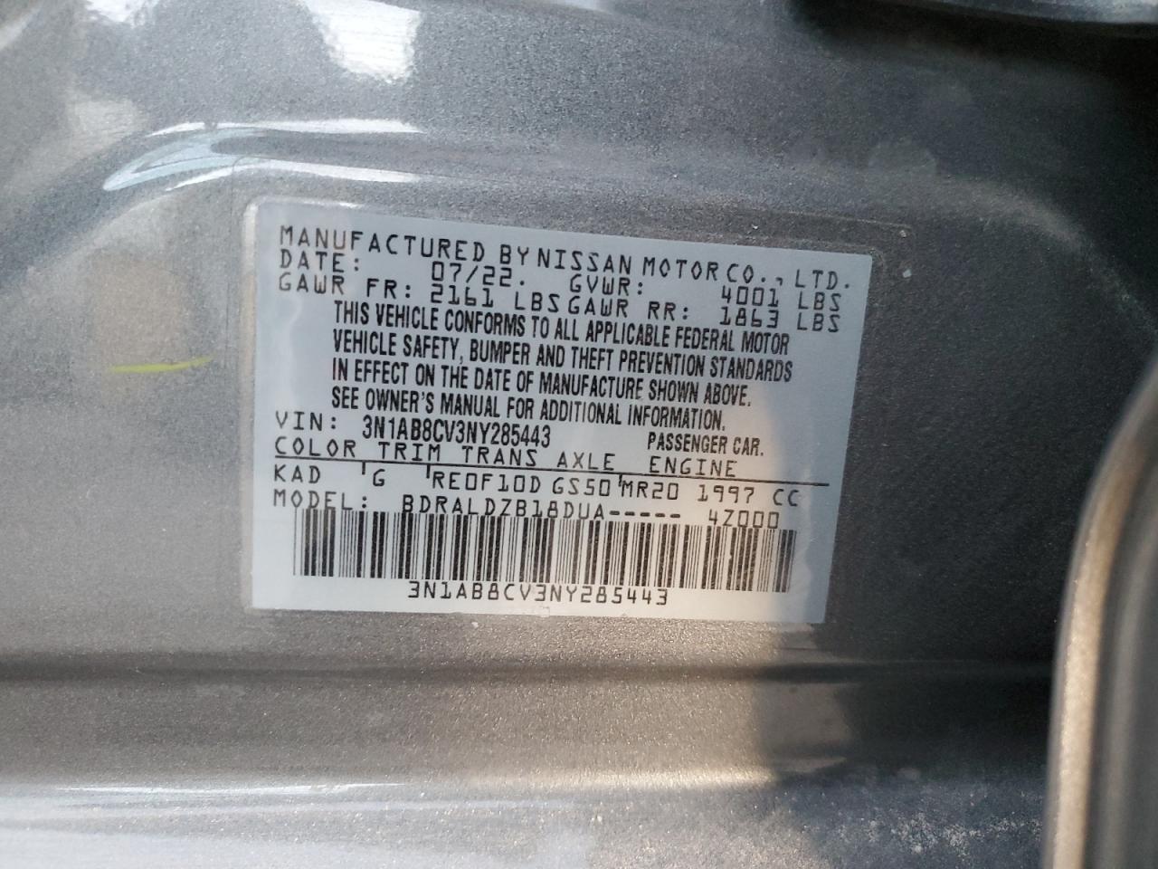 2022 NISSAN SENTRA SV VIN:3N1AB8CV3NY285443