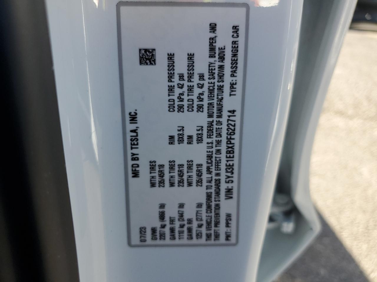 2023 TESLA MODEL 3  VIN:5YJ3E1EBXPF622714