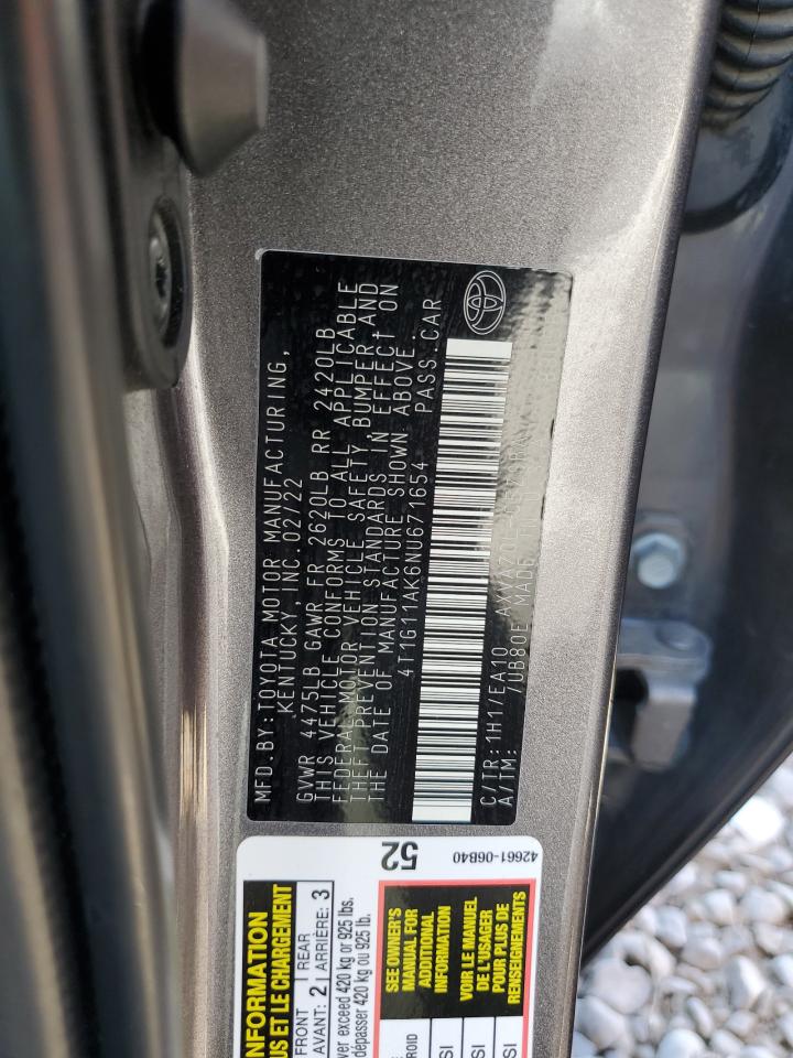 2022 TOYOTA CAMRY SE VIN:4T1G11AK6NU671654