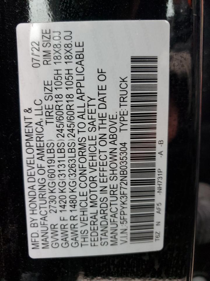 2022 HONDA RIDGELINE RTL VIN:5FPYK3F72NB035304