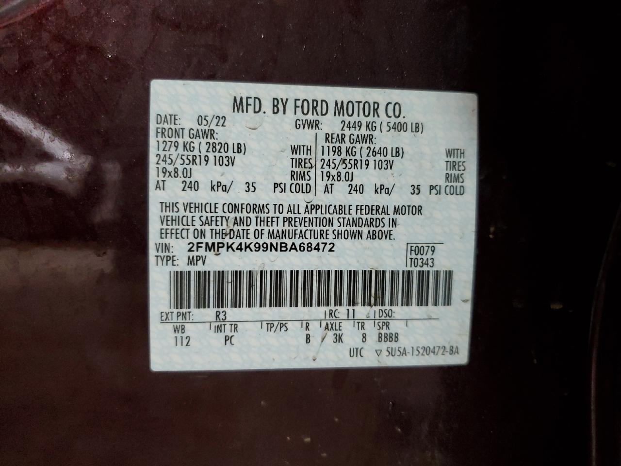 2022 FORD EDGE TITANIUM VIN:2FMPK4K99NBA68472