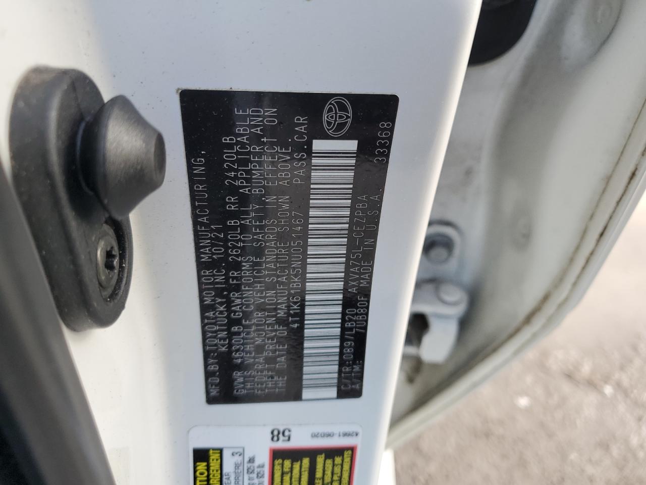 2022 TOYOTA CAMRY XSE VIN:4T1K61BK5NU051467