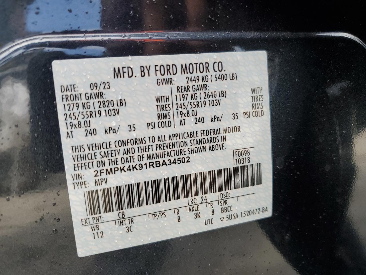 2024 FORD EDGE TITANIUM VIN:2FMPK4K91RBA34502