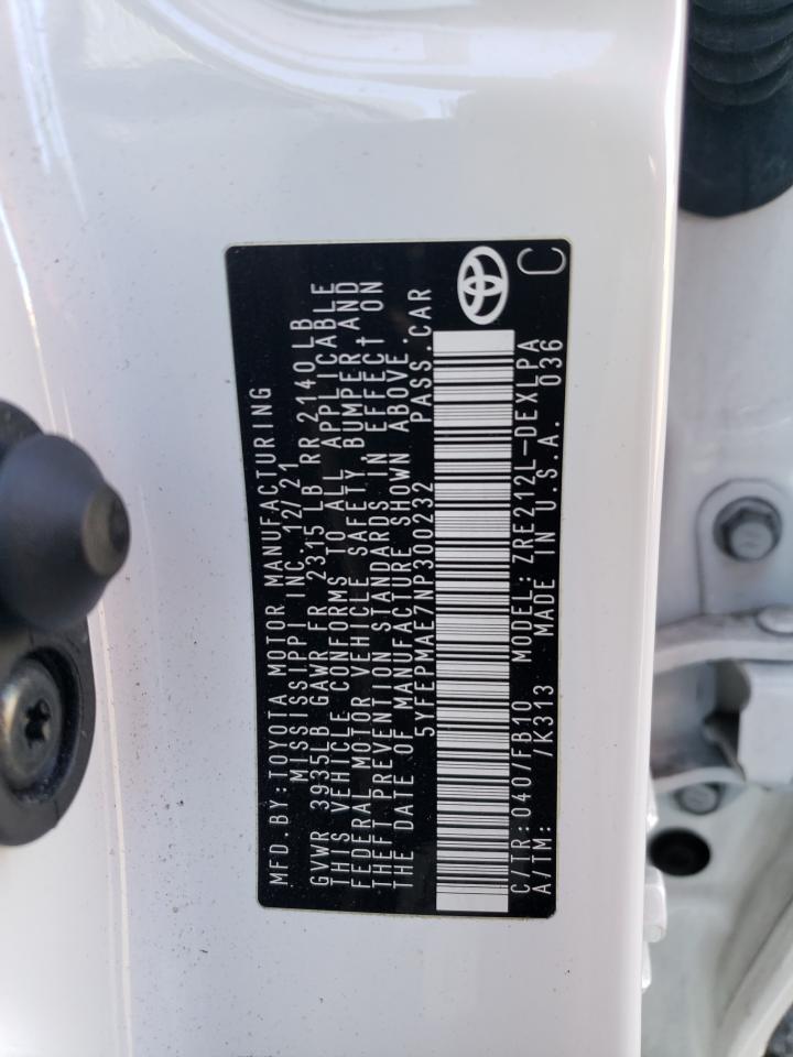 2022 TOYOTA COROLLA LE VIN:5YFEPMAE7NP300232