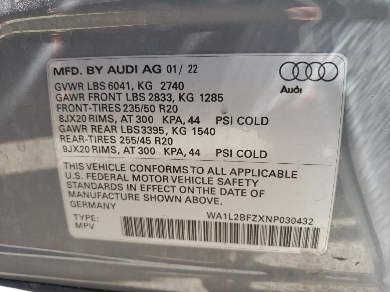 2022 AUDI Q4 E-TRON PREMIUM PLUS S-LINE VIN:WA1L2BFZXNP030432