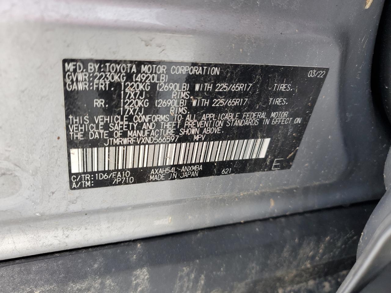 2022 TOYOTA RAV4 XLE VIN:JTMRWRFVXND566597