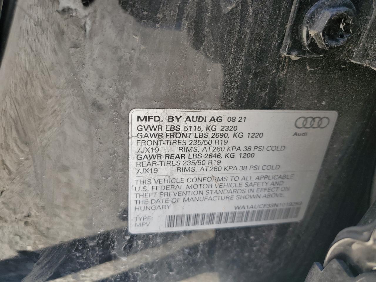 2022 AUDI Q3 PREMIUM 40 VIN:WA1AUCF33N1019293