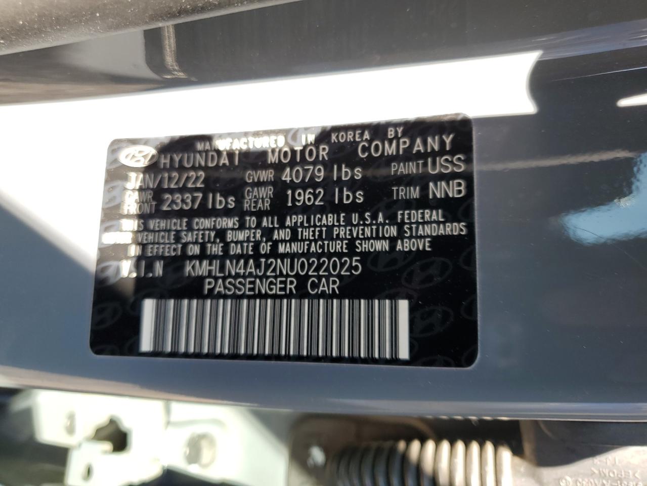 2022 HYUNDAI ELANTRA LIMITED VIN:KMHLN4AJ2NU022025
