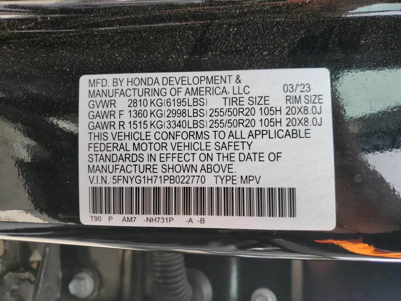 2023 HONDA PILOT TOURING VIN:5FNYG1H71PB022770