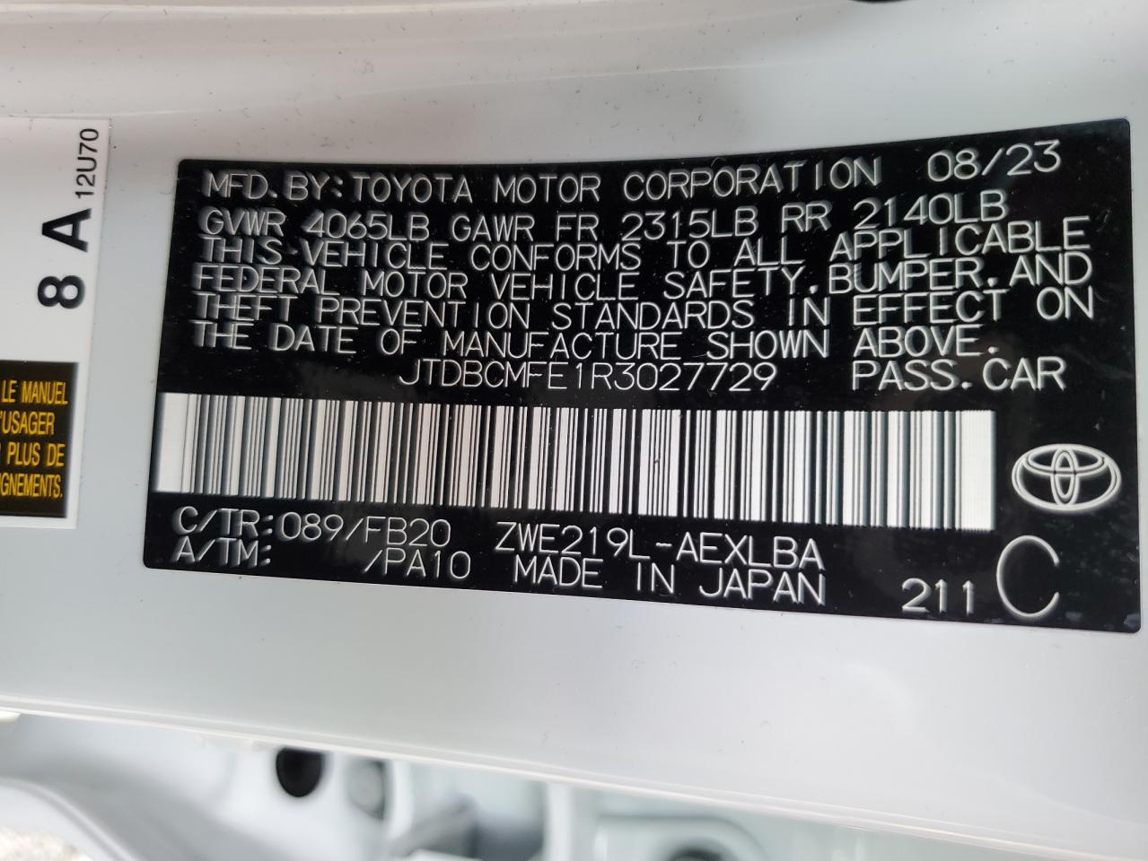 2024 TOYOTA COROLLA LE VIN:JTDBCMFE1R3027729