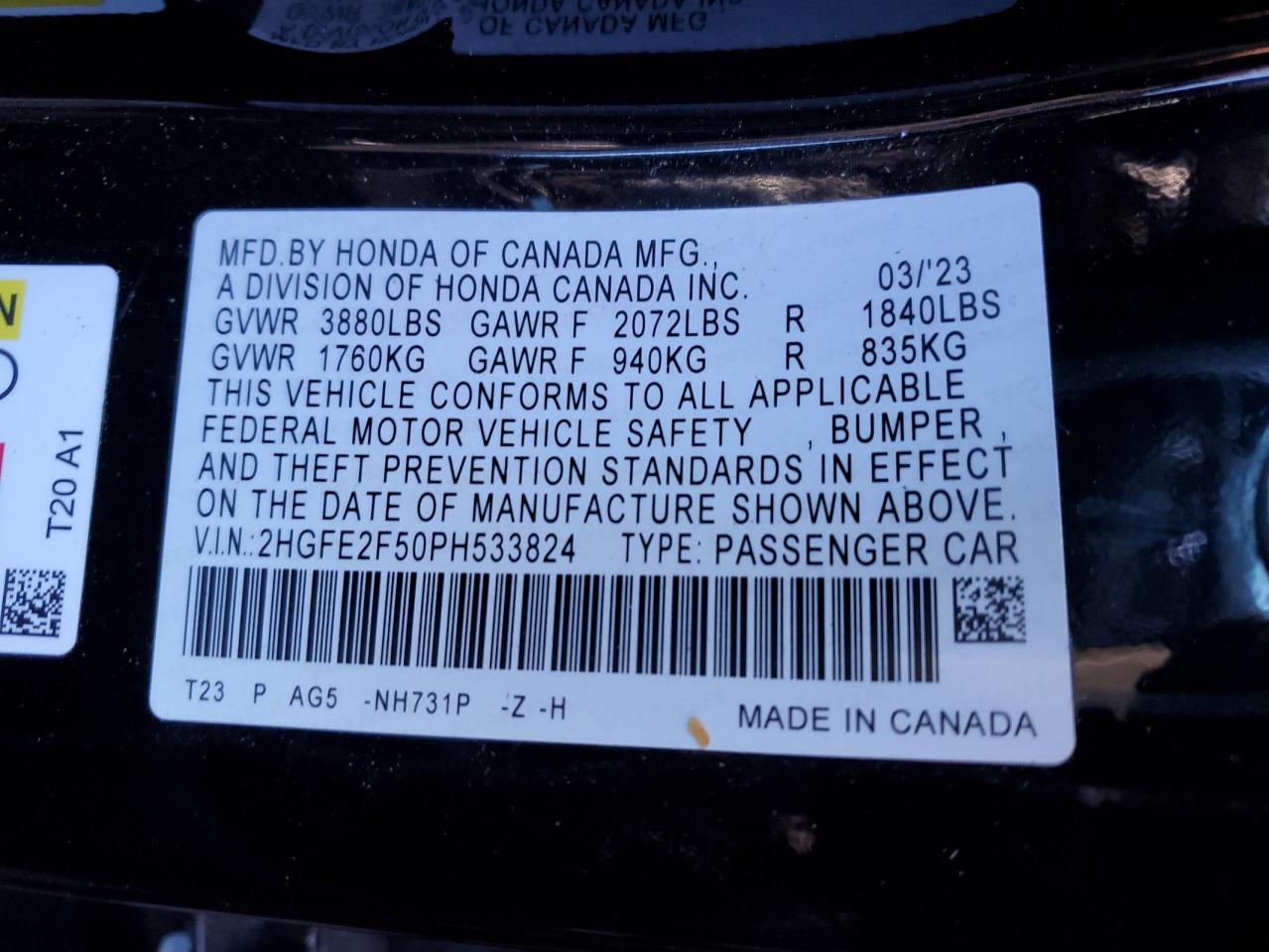 2023 HONDA CIVIC SPORT VIN:2HGFE2F50PH533824