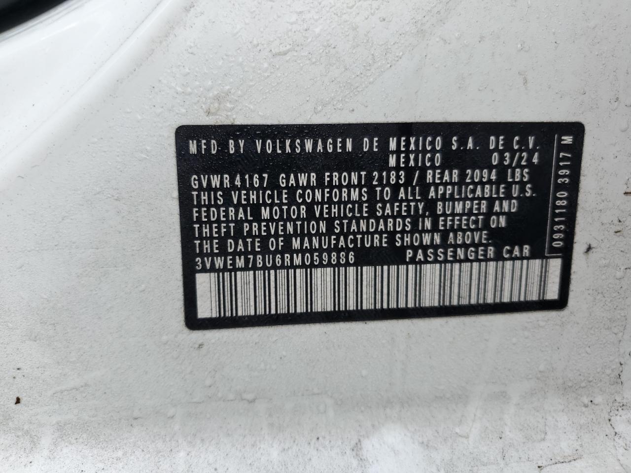 2024 VOLKSWAGEN JETTA SE VIN:3VWEM7BU6RM059886