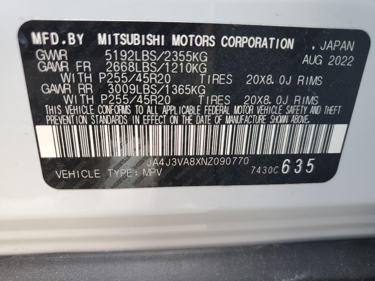 2022 MITSUBISHI OUTLANDER SEL VIN:JA4J3VA8XNZ090770