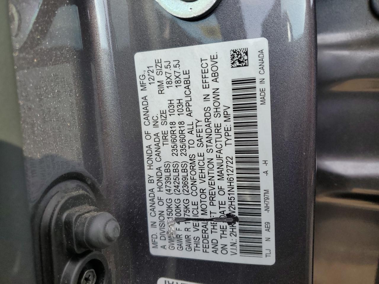 2022 HONDA CR-V EX VIN:2HKRW2H51NH612722