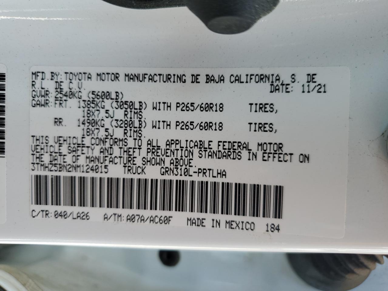 2022 TOYOTA TACOMA DOUBLE CAB VIN:3TMHZ5BN2NM124015