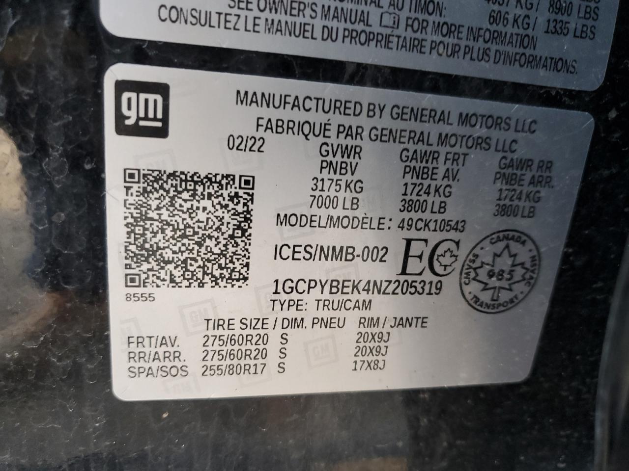 2022 CHEVROLET SILVERADO LTD K1500 CUSTOM VIN:1GCPYBEK4NZ205319