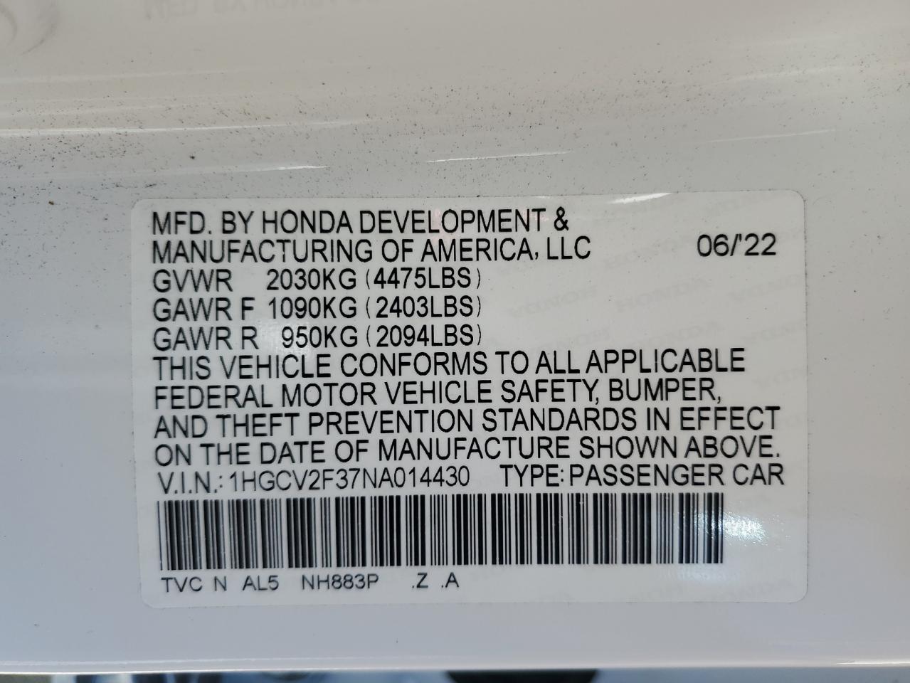 2022 HONDA ACCORD SPORT VIN:1HGCV2F37NA014430