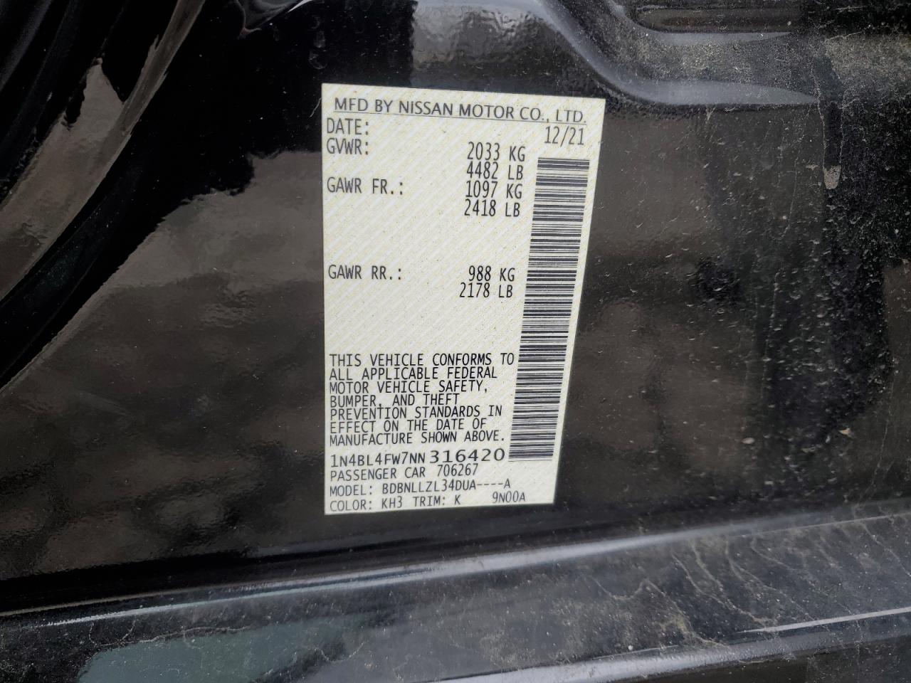 2022 NISSAN ALTIMA PLATINUM VIN:1N4BL4FW7NN316420