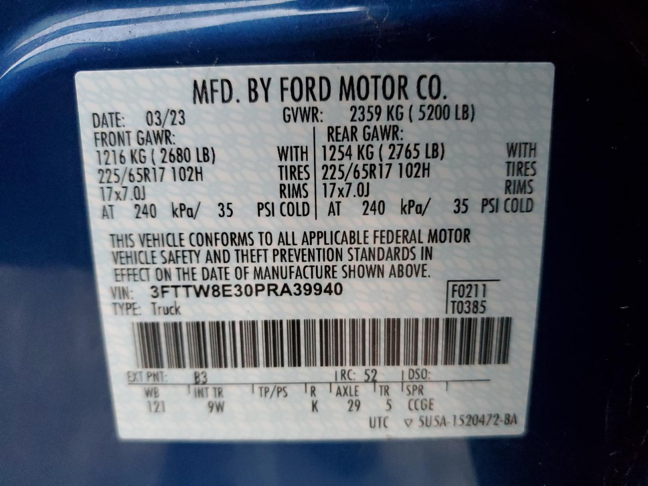 2023 FORD MAVERICK XL VIN:3FTTW8E30PRA39940