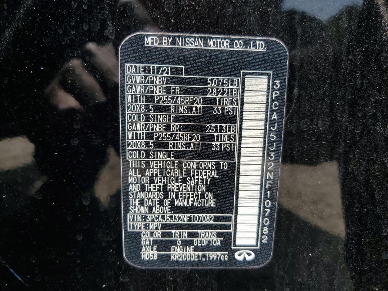 2022 INFINITI QX55 LUXE VIN:3PCAJ5J32NF107082