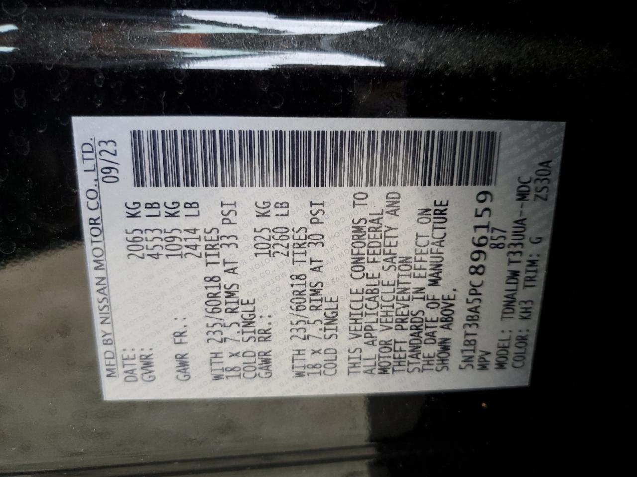 2023 NISSAN ROGUE SV VIN:5N1BT3BA5PC896159