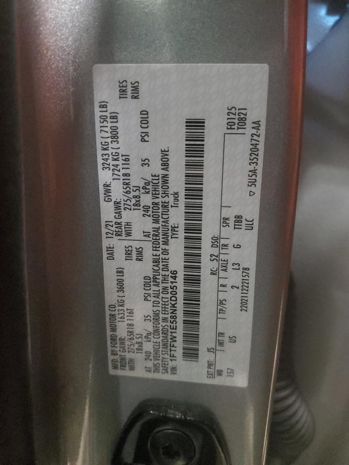 2022 FORD F150 SUPERCREW VIN:1FTFW1E58NKD05146
