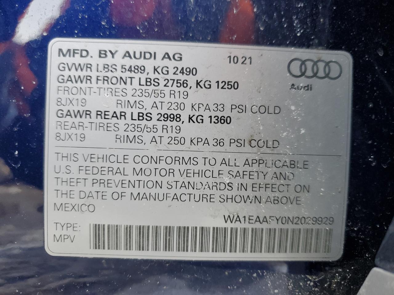 2022 AUDI Q5 PREMIUM PLUS 45 VIN:WA1EAAFY0N2029929
